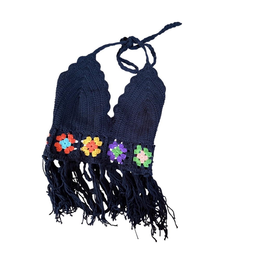 Billabong Crochet Halter Top Black Floral Granny Square Fringe Festival Boho M